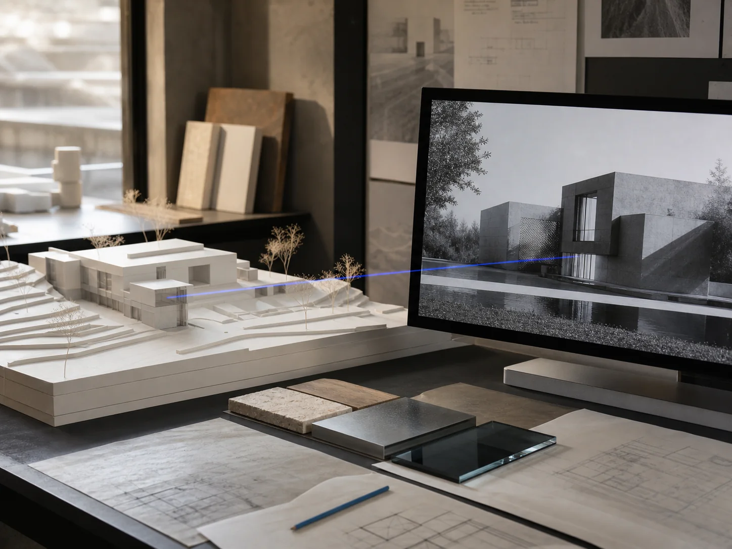 Architectural visualisation workflow showing drawings, material development and a finished spatial image