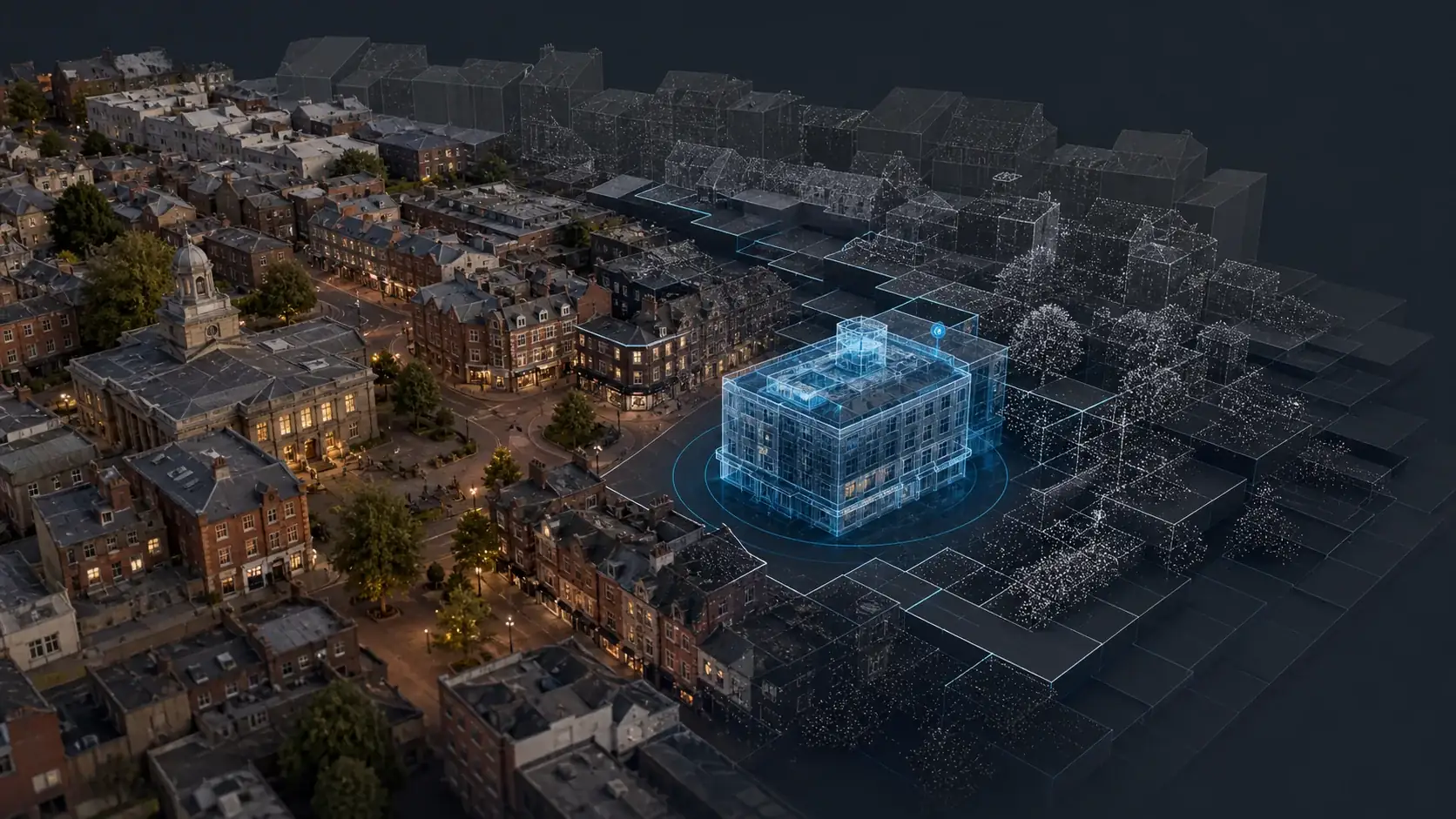 British town centre transitioning from captured reality into point-cloud and digital-twin data