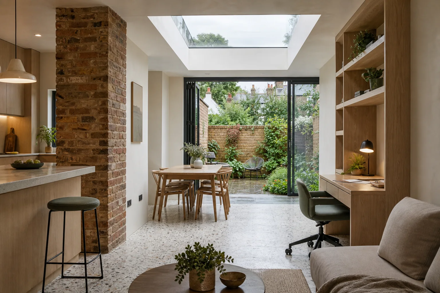 Warm architectural interior CGI of a contemporary kitchen and workspace extension