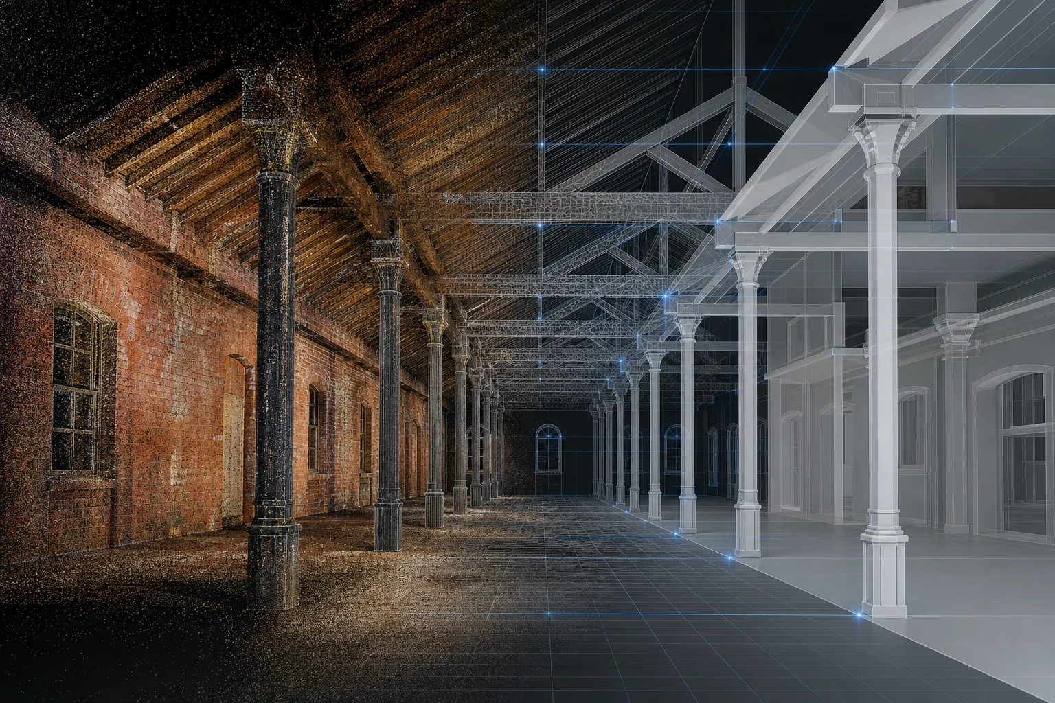 Historic industrial interior transitioning from a coloured point cloud into a BIM model