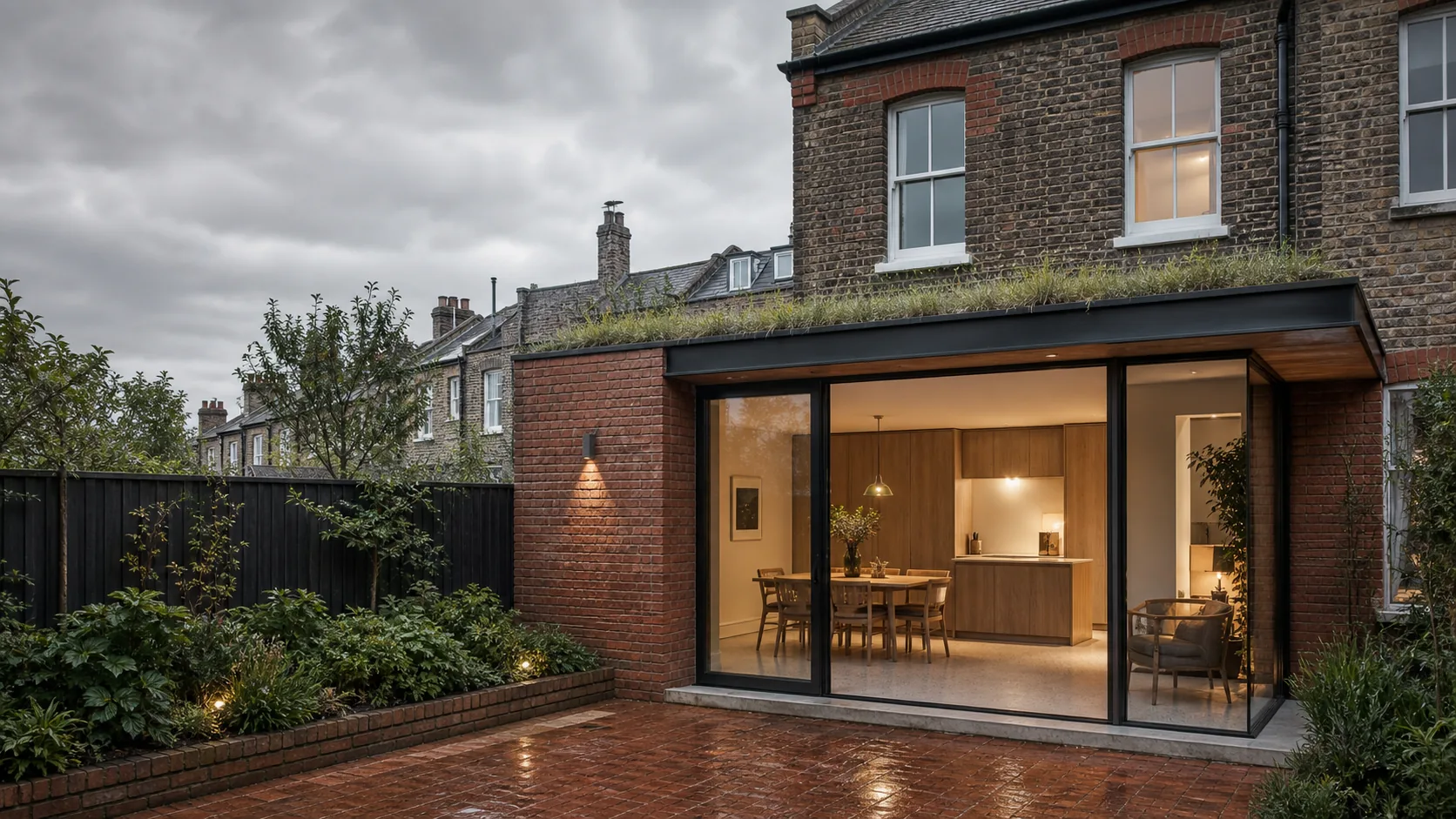 Architectural CGI of a restrained single-storey brick rear extension to a British terraced house